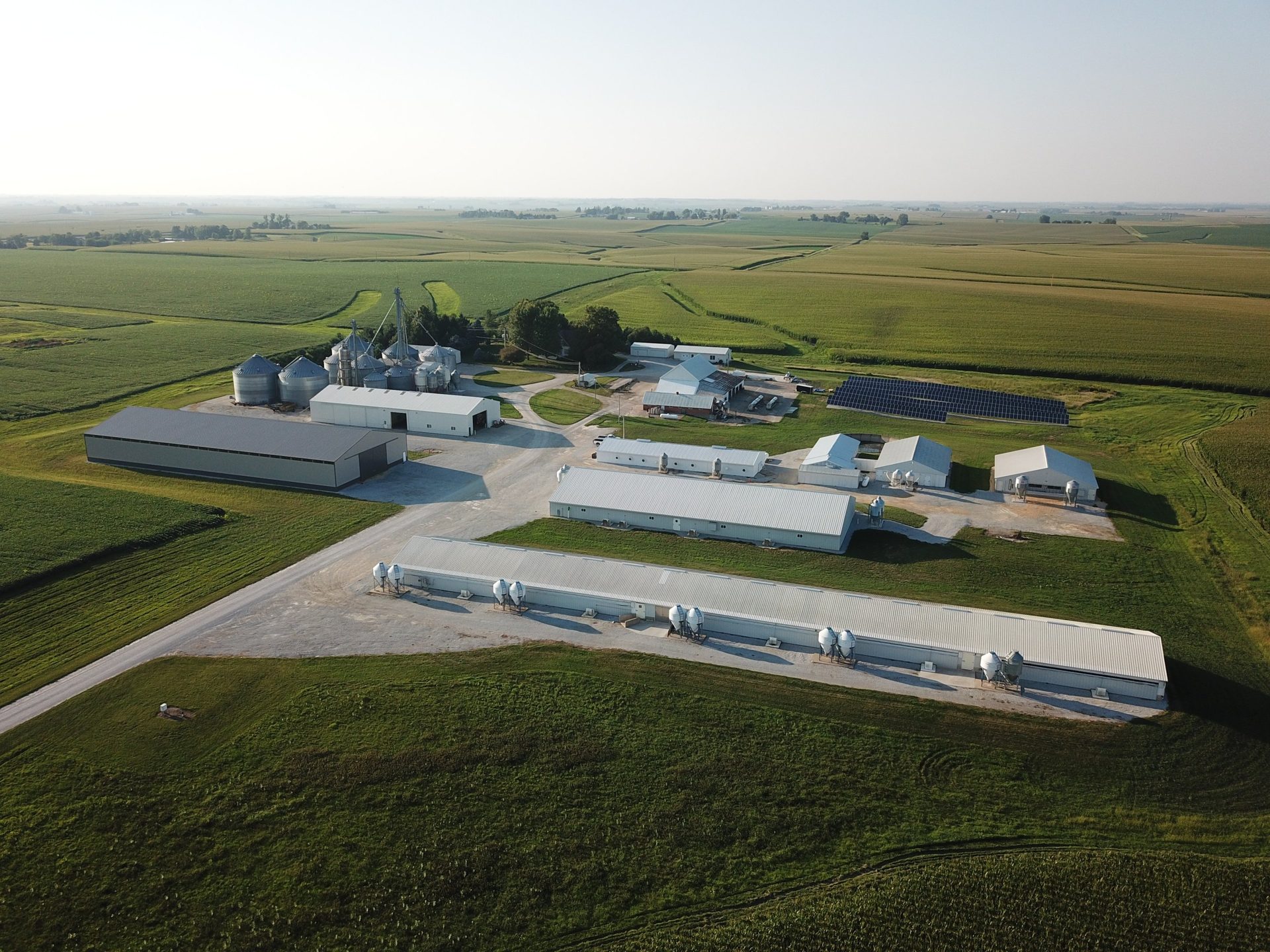The home farm from the air — barns, grain bins, and fields north of Walcott, Iowa