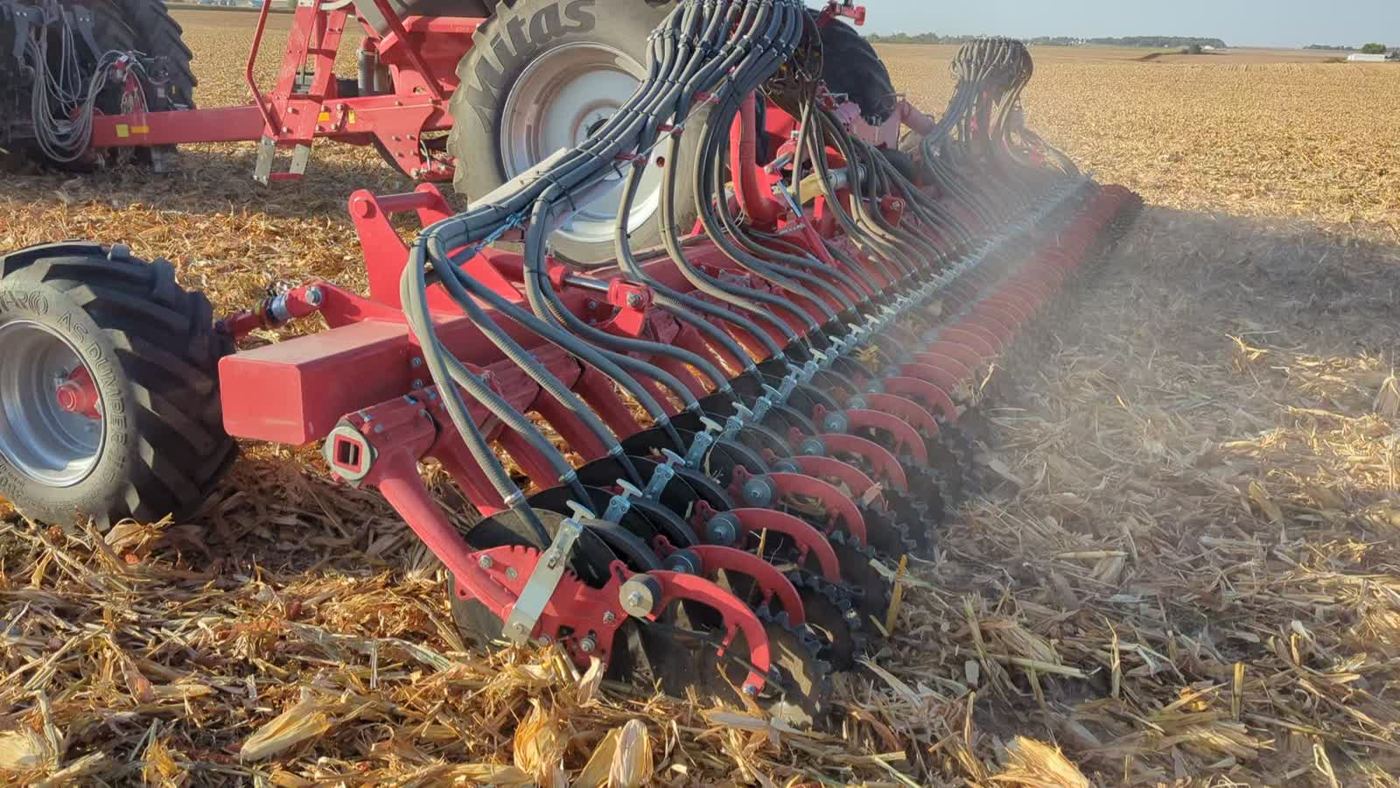 drilling rye into corn stubble at sundown